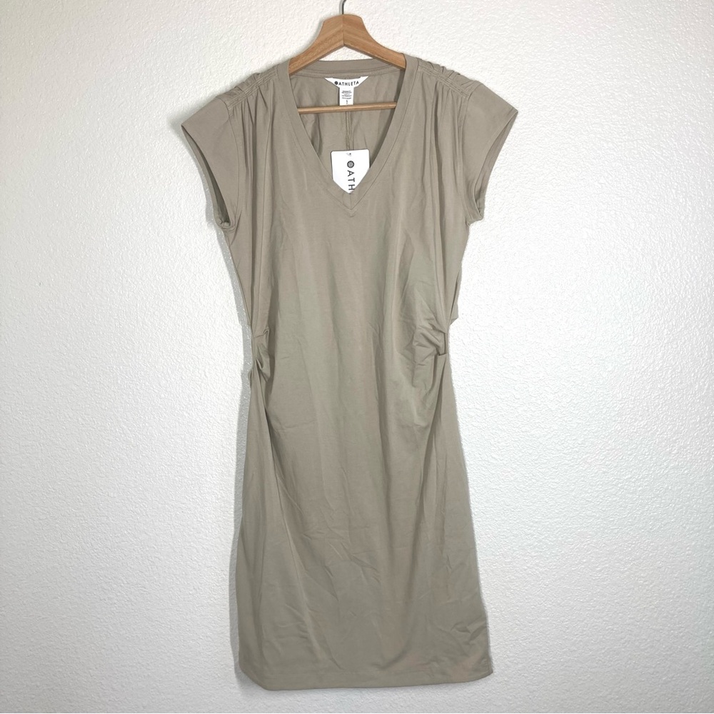 ATHLETA Effortless Tee Dress Small Stretch Anti-odor Beige Midi NWT Cotton - Picture 9 of 16